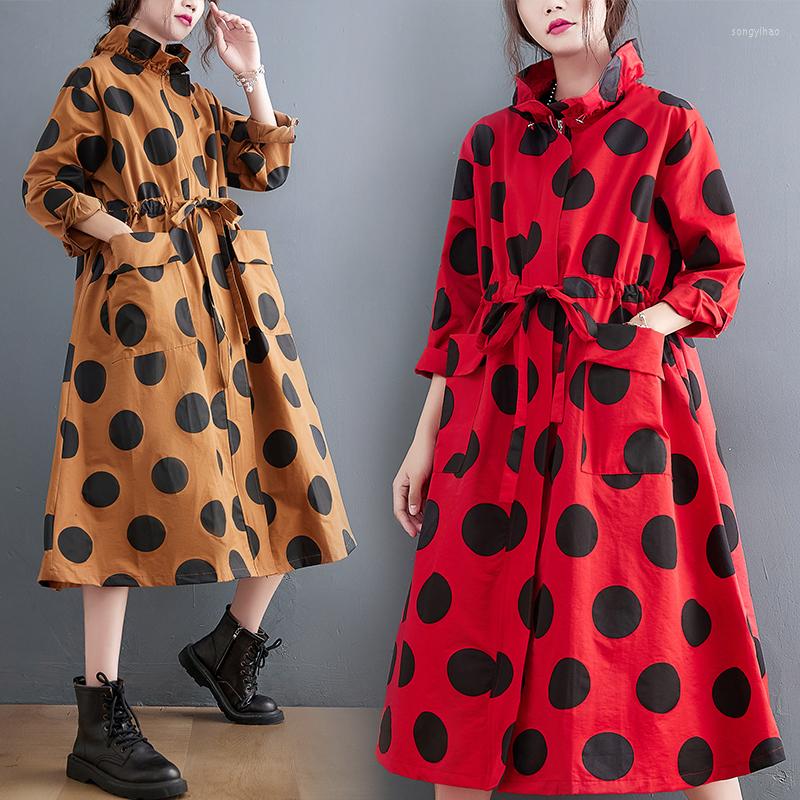 

Women's Trench Coats Spring Autumn Polka Dot Long Coat For Women Clothes Stand Collar Drawstring Pocket Fashion Casual Loose Outerwear, Red