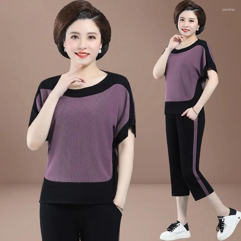 

Women's Two Piece Pants Middle-aged And Elderly Women's Summer Suits Short-Sleeved Sportswear Tops T-shirt Top 2 Pcs Home Service Sets