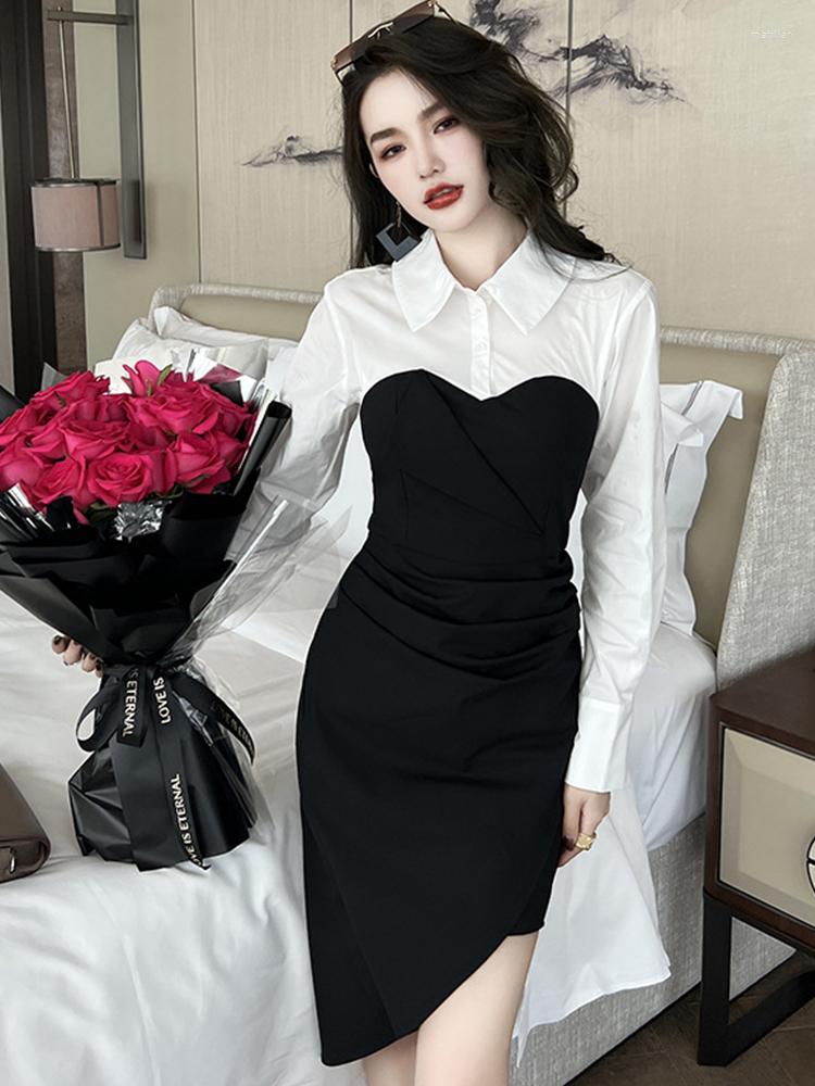 

Casual Dresses Professional Commuter Chic Women Midi Dress 2022 Black White Patchwork Asymmetrical Long Sleeve Robe Office Lady Clothes