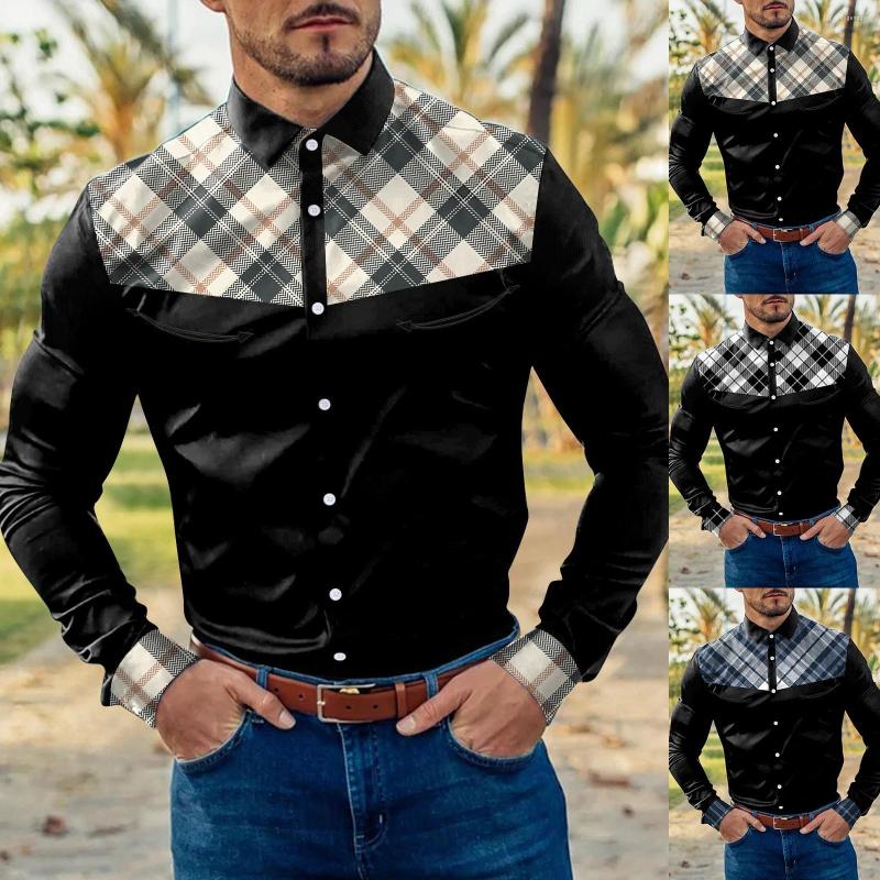 

Men's Casual Shirts Sequin Shirt Men Mens Fashion Plaid Color Block Splicing Lapel Button Cuffs Long Sleeve Cuffed Short, Black