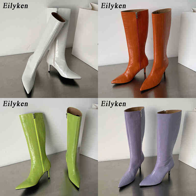 

Boots Eilyken New Green Serpentine Pointed Toe Knee High Boots Sexy High Heels Zipper Weaving Long Women Botas Mujer Size  41 220913, Orange