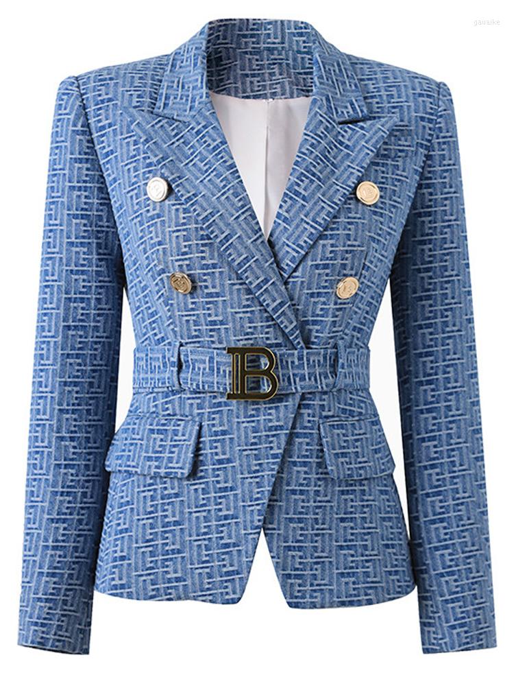 

Women's Suits HIGH STREET Est 2022 Designer Jacket Double Breasted Jacquard Denim Belted Blazer, Deep blue
