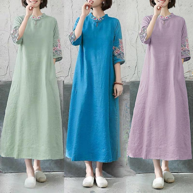 

Casual Dresses Embroidery Flower Cotton And Linen Disc Buckle Stand Collar Half Sleeve Dress Women's Clothing Medium Long, Purple
