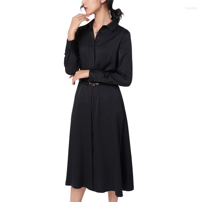 

Casual Dresses 2022 Spring Autumn Real Natural Silk Dress Female A-line Black Elegant Long Sleeve For Women Office Lady Vestido YQ483