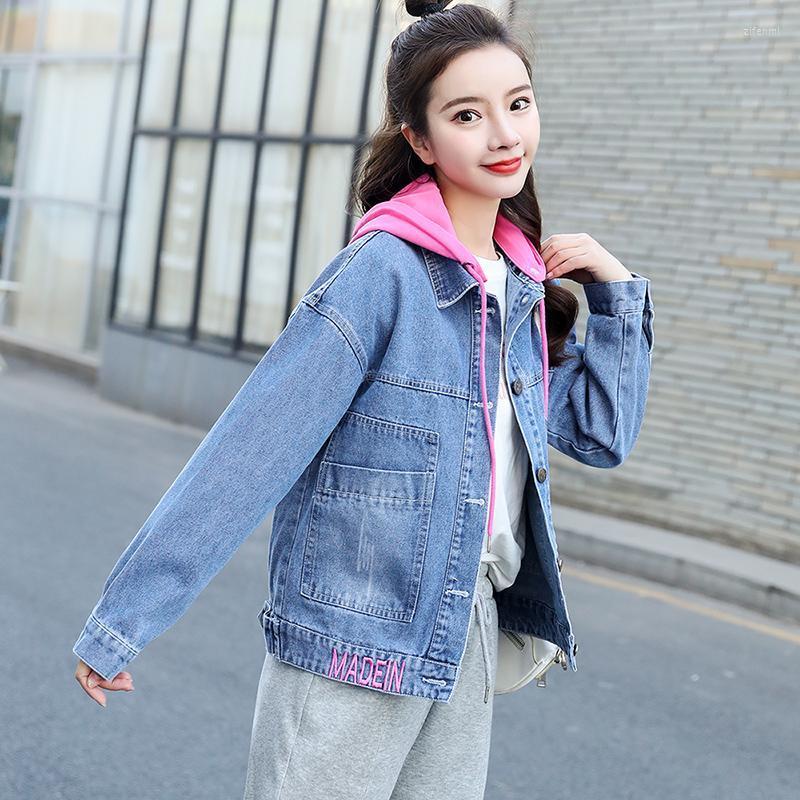 

Women's Jackets Women Fashion Denim Jacket Female Spring Korean Version Loose BF Short Hooded All-Match Coat Fake Two-Piece Q393, White