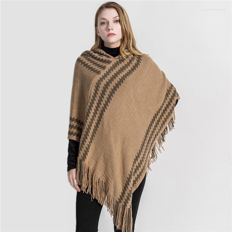 

Scarves Mingjiebihuo Plus Size Temperament Ladies High Quality Knit Comfortable Warm Thick Scarf Women Long Tassel Hooded Stripe Poncho
