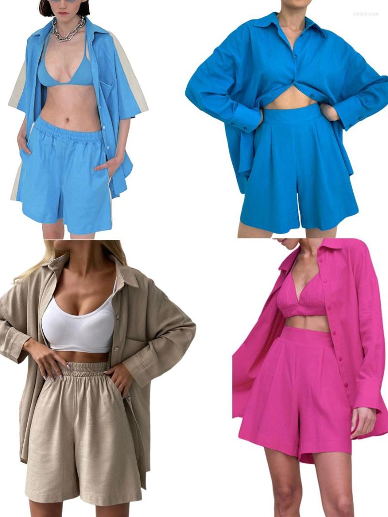

Women' Tracksuits Summer Casual Outfits Solid Color Long Sleeve Button Down Loose Shirts Halter V-neck Bra Top High Waist Shorts Set