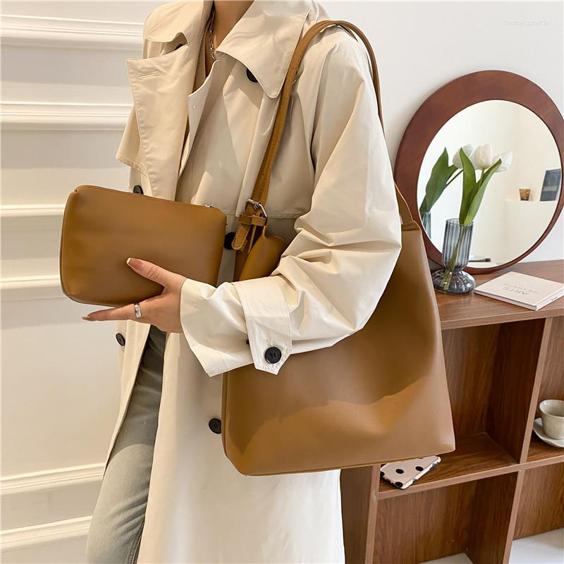 

Evening Bags Simple Soft PU Leather Composite For Women Casual Large Capacity Crossbody Bag Female Shoulder Bucket Handbag Totes, A khaki