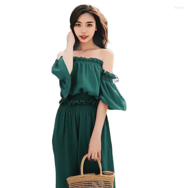 

Women' Two Piece Pants Fashion One-Shoulder Jumpsuit Off-Shoulder Set Women Lantern Sleeve Wide-leg Trousers 2022 Summer Style, Black