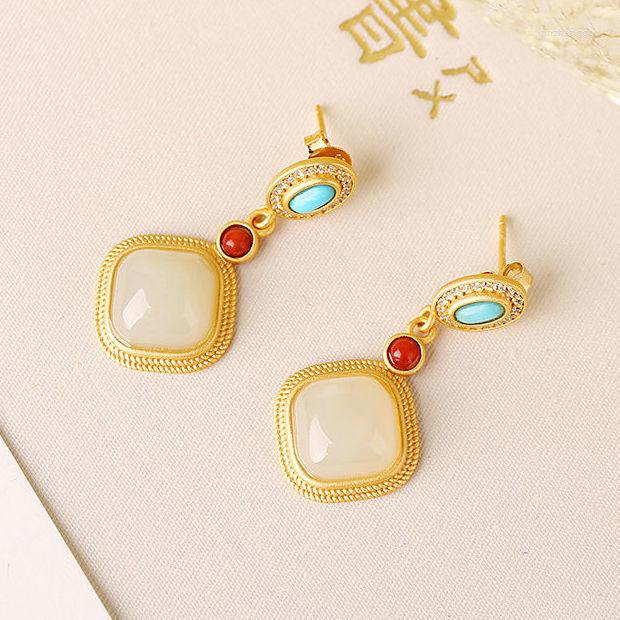 

Dangle Earrings Natural Hetian White Jade Inlaid S925 Sterling Silver Ancient Style Thick Gold Stud For Women With Green Pine South Red