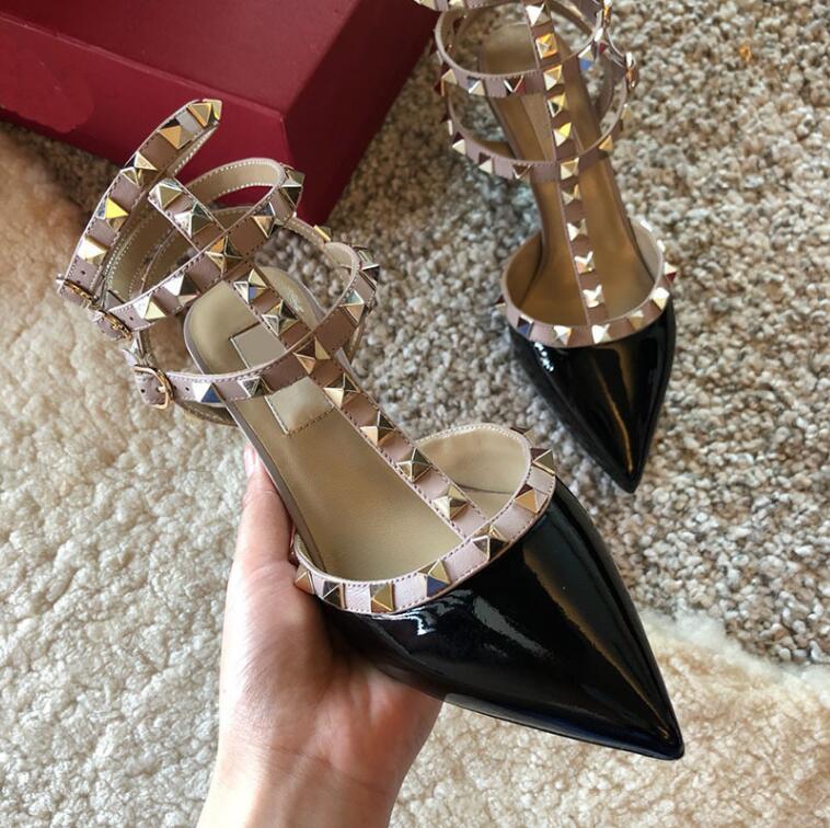 

Women Sandals V Rivets High Heel Shoes Pointed Toe Black Genuine Leather Thin Heels 6cm 8cm 10cm Classics Three Belts Shallow Red Wedding Shoes with Box 35, Black shiny