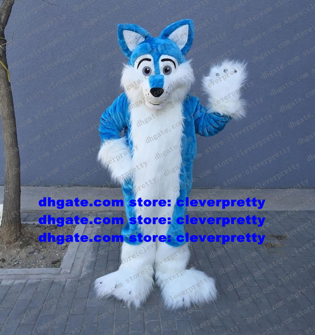 

Blue White Long Fur Furry Wolf Mascot Costume Fox Husky Dog Fursuit Adult Cartoon Large-scale Activities Brand Image zx978, As in photos