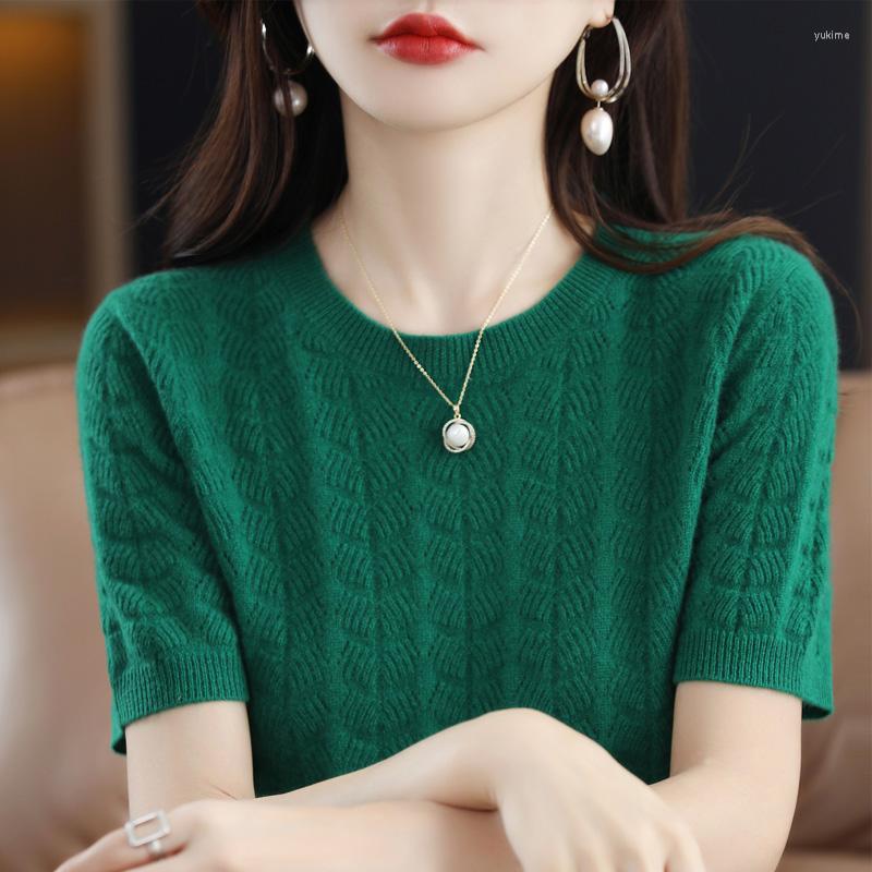 

Women' T Shirts Round Neck Loose Slim Short Sleeve Knitted Pure Wool T-shirt 2002 Fashion, Green