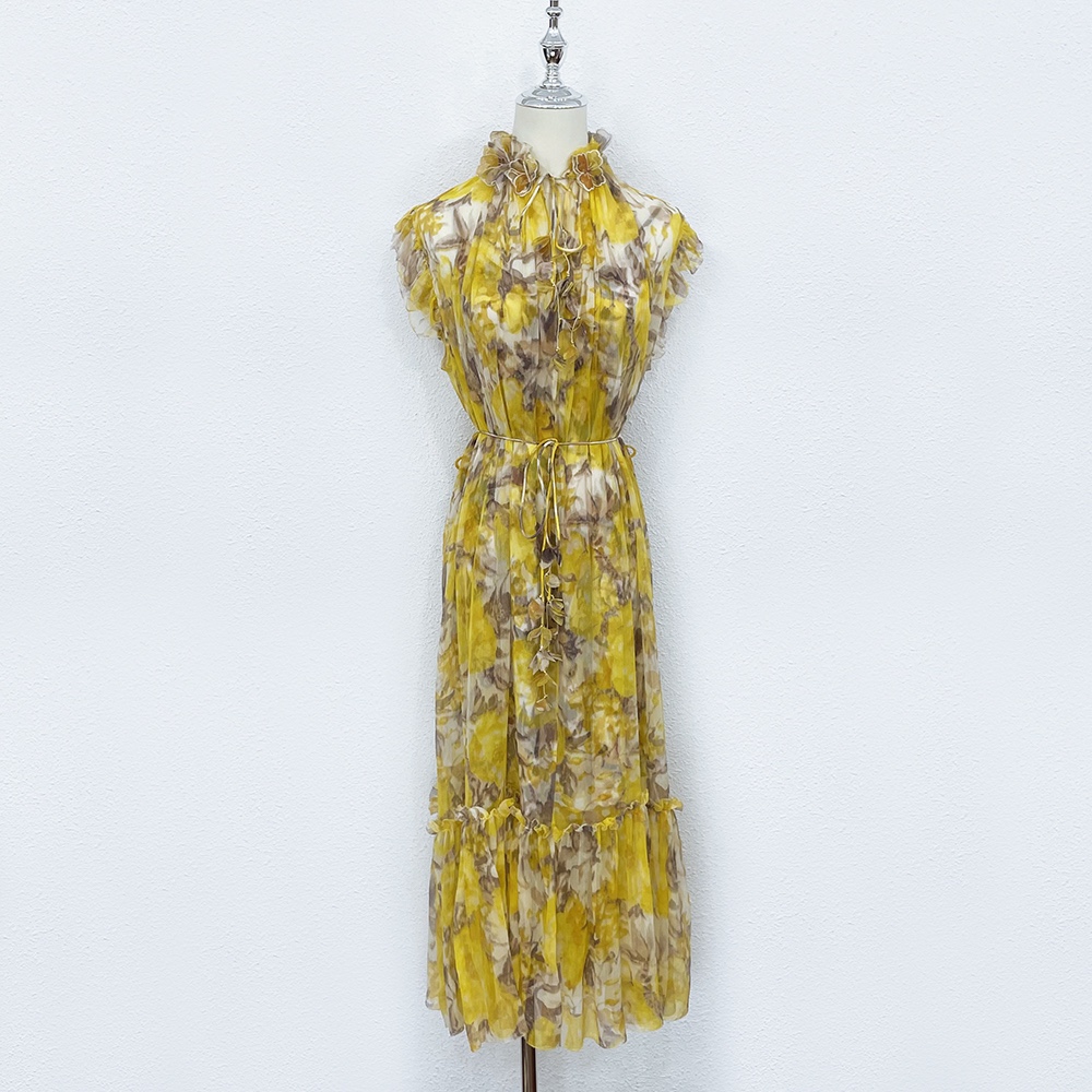 

Casual Dresses Australian fashion high-end printed silk lace up dress, Yellow