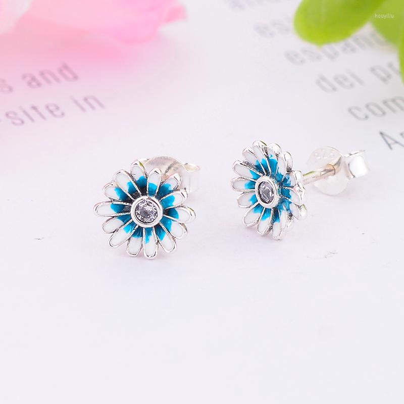 

Stud Earrings 925 Silver Blue Lampwork Daisy Zirconia Earring For Women Brinco Pendientes Sparkling Enamel Flower Summer 2022