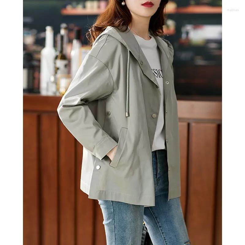 

Women' Trench Coats 2022 Spring Women' Jacket Casual Button Pocket Long-sleeved Loose Hooded Korean Version, Black