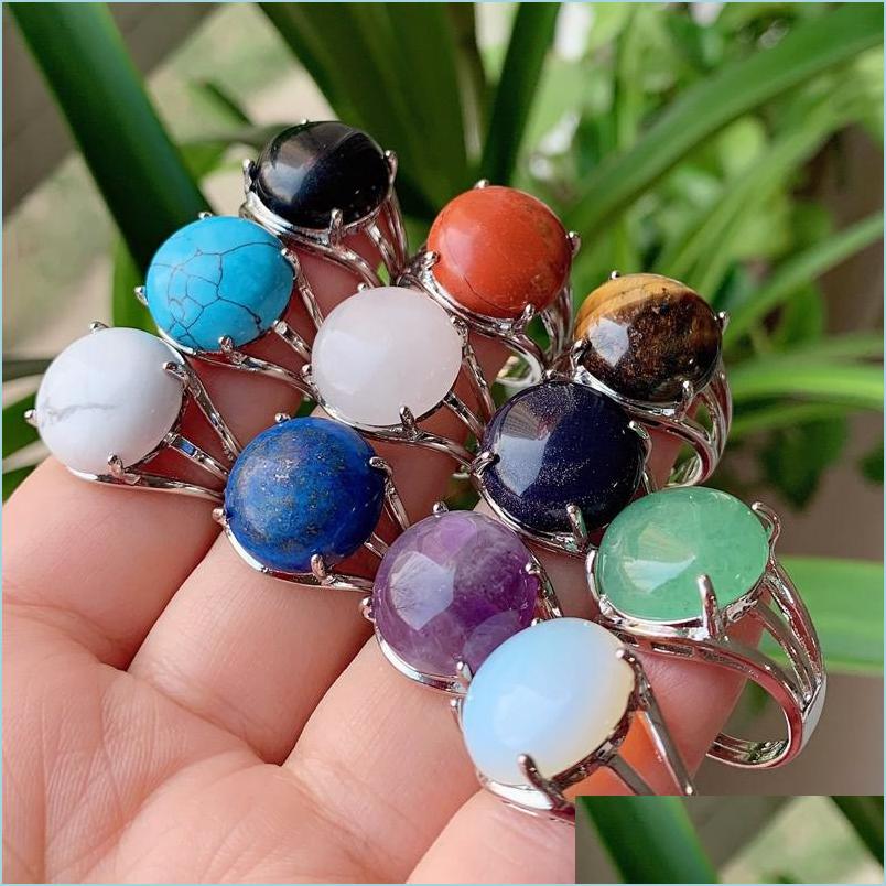 

Cluster Rings Natural Stone Crystal Ring For Women Open Reiki Healing Lapis Tiger Eye Pink Purple Quartz Finger Rings Party Wedding Dhwtp