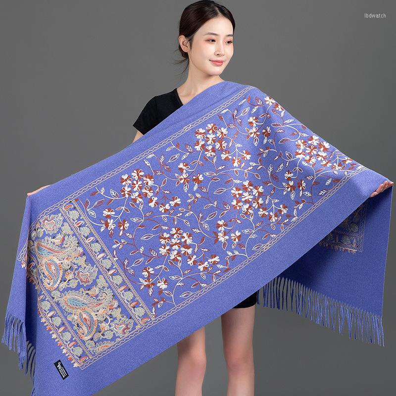 

Scarves Cashmere Embroider Flower Shawl Scarf Women Winter Warm Blanket Thick Pashmina Poncho Head Bandana Bufanda Female Cloak