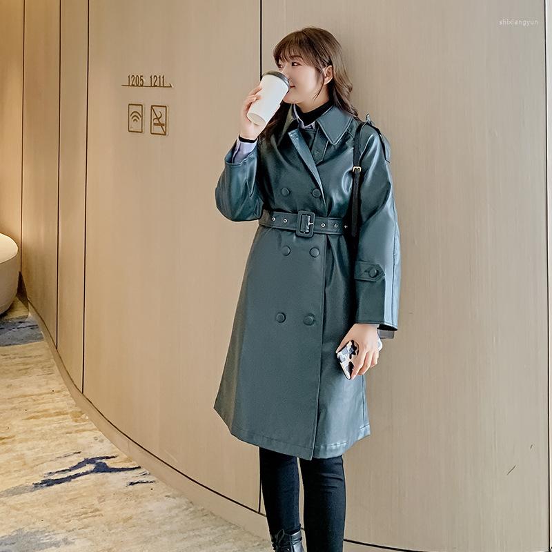 

Women's Trench Coats Solid Color PU Leather Coat Windbreaker High Waist Loose Oversized Spring Autumn Long Women Outerwear TK643, No3