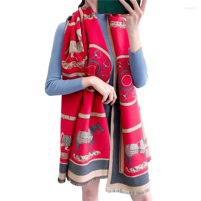 

Scarves Fashion Winter Scarf Women Cashmere Warm Pashmina Foulard Lady Luxury Horse Thick Soft Shawls Wraps 2022