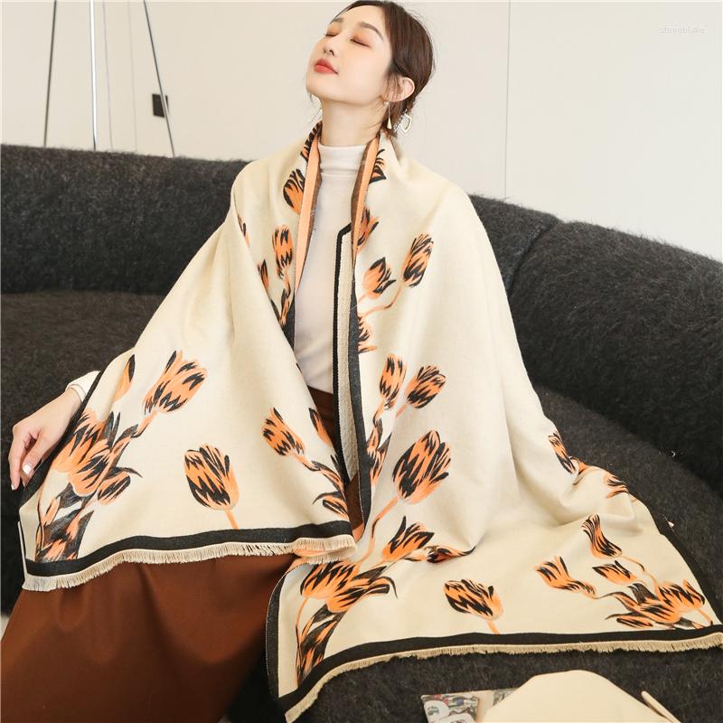 

Scarves Soft Floral Winter Cashmere Scarf For Women Elegant Pashmina Lady Shawls Wraps Foulard Thick Warm Neckerchief Blanket Stoles