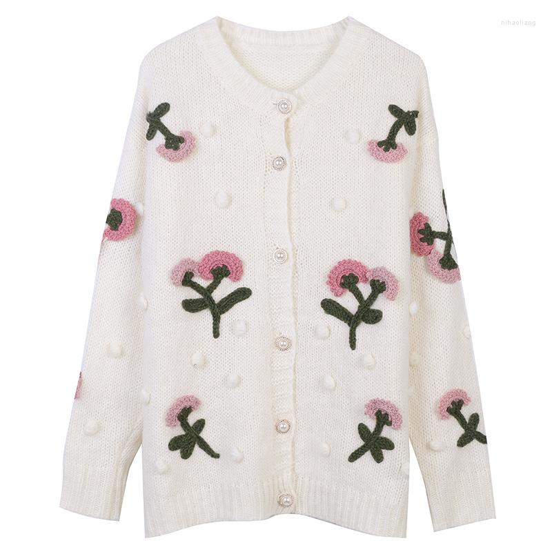 

Women' Knits 2022 Autumn Winter Women Long-Sleeved O-Neck Flower Embroidery Loose White Knitted Cardigan Coat Christmas Clothes Luxury, Picture shown