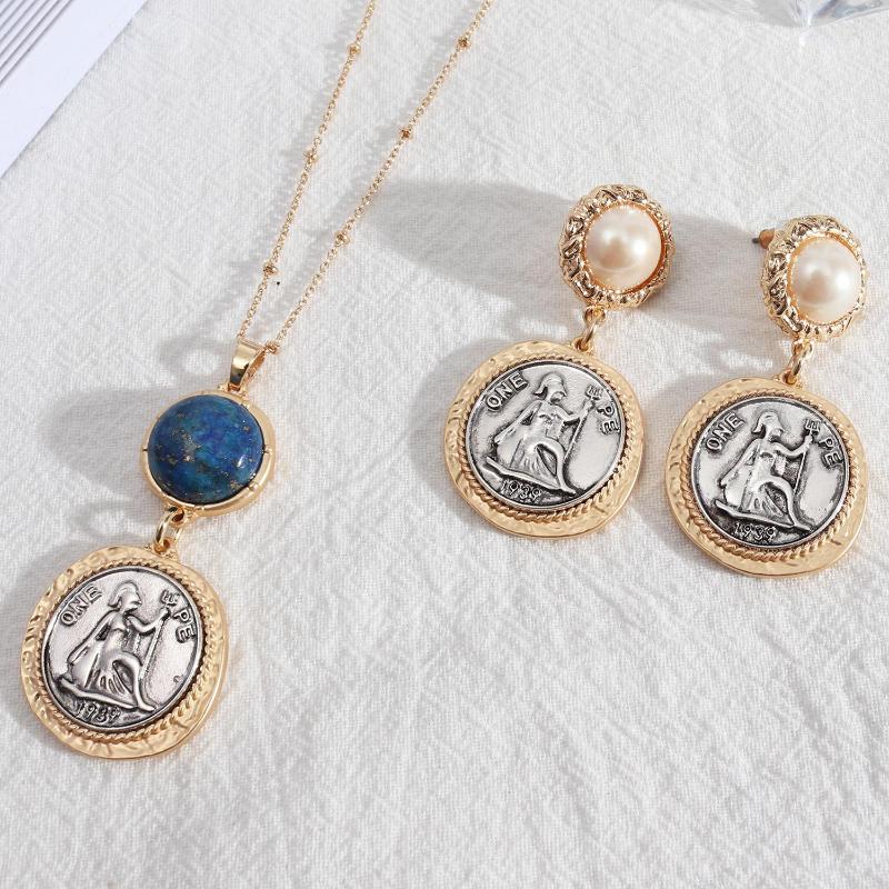 

Necklace Earrings Set 2022 Baroque Fashion Coin Head Long Vintage Sweater Chain Pearl Stud & Jewerly For Women, Picture shown