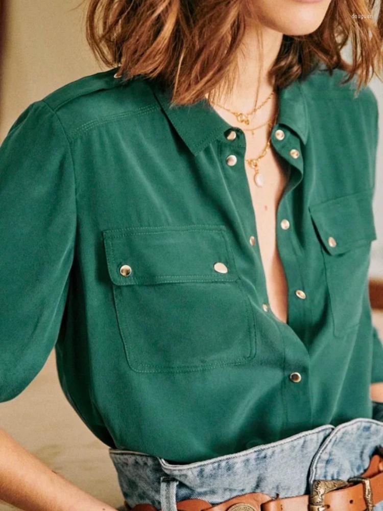 

Women' Blouses 2022 Spring And Summer Silk Lapel Pocket Solid Color Short-sleeved Shirt Ladies Top, Beige