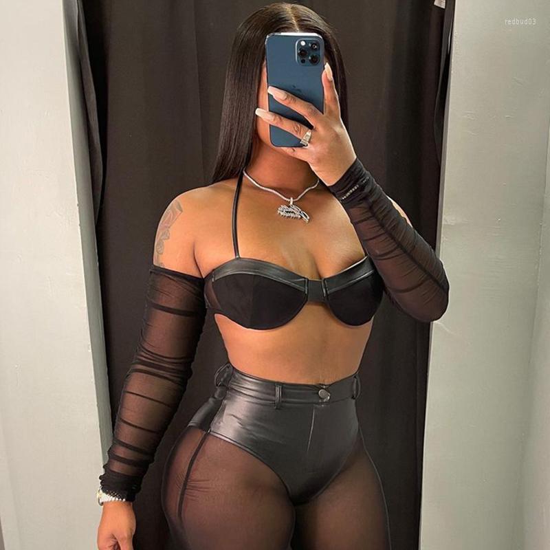 

Women' Two Piece Pants Mesh Patchwork Set Women Sexy Off Shoulder Long Sleeve Lace Up Crop Top See Through PU Leather Stitching, Tops