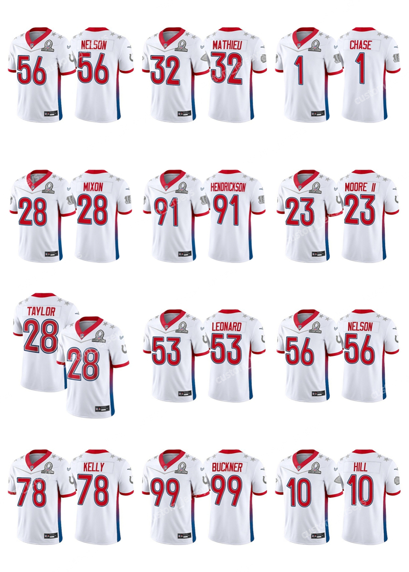 

Custom 1 Chase 28 Mixon 91 Hendrickson 23 Moore II 28 Taylor 53 Leonard 56 Nelson 78 Kelly 2022 AFC Pro Bowl Stitched''NFL''Football Jersey