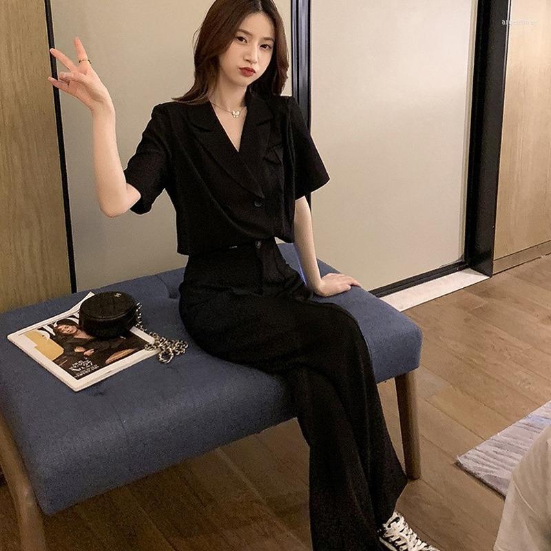 

Women' Tracksuits 2022 Summer Two Piece Set Vintage Women Double Breasted Short-sleeve T Shirts Preppy Casual Wide Leg Pants Suit, Green set