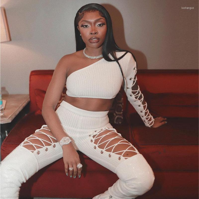 

Women' Two Piece Pants 2022 Autumn And Winter Women' Set One-shoulder Long Sleeve Wrap Top Corn Tethered, White