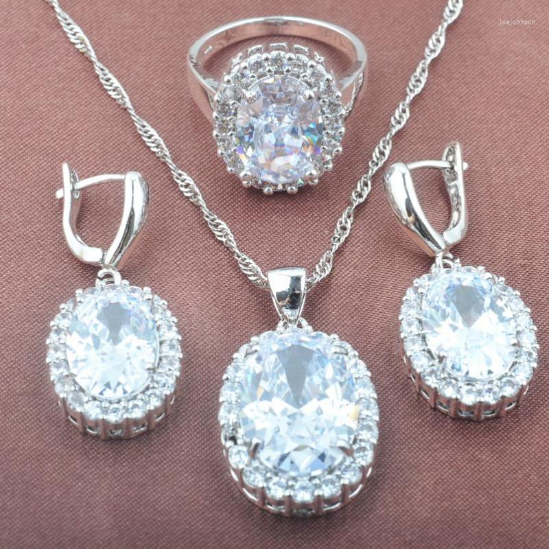 

Necklace Earrings Set Natural Silver Plated White Cubic Zirconia Wedding Jewelry For Women Accessories Earring Pendant Ring TZ0463, Picture shown