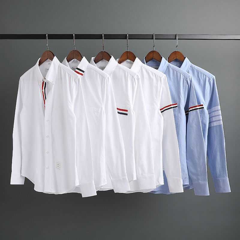 

Luxury Brand Shirts Thoms Brownns Blouse Designers Same Tb Shirt Men' Classic Red Blue White Stripe Couple Cotton Long Sleeve High Quality Unisex Business, White placket dark webbing