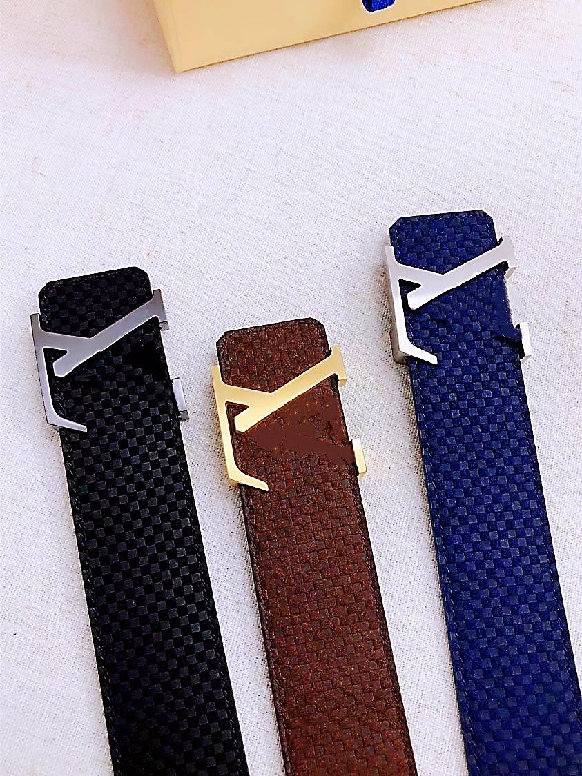 

Men Belts Fashion Luxury Strap Belt High Quality Genuine Leather Big Letters Buckle Plaid Waistband Business Classic PAZ, Brown
