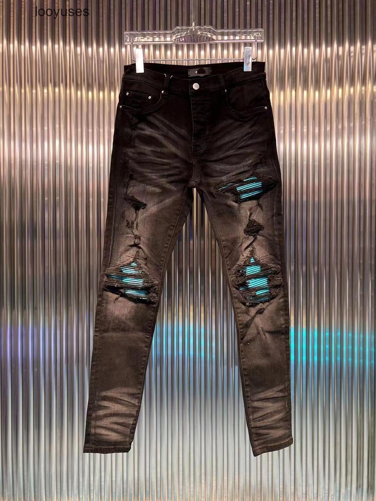 

Amires Amirs Designer Jean Jeans High Street Blue Patchwork Worn Washed Damaged Jeans Xfa, Black