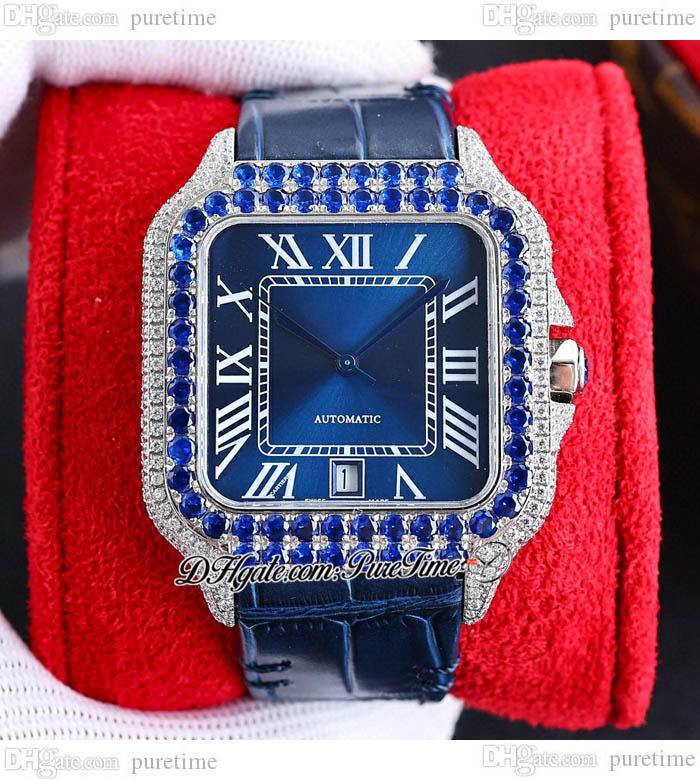 

TWF TWWSSA0009 M8215 Paved Diamonds Automatic Mens Watch 40mm Miyota Fully Iced Out Blue Diamond Bezel White Roman Leather Strap Watches Super Edition Puretime A1