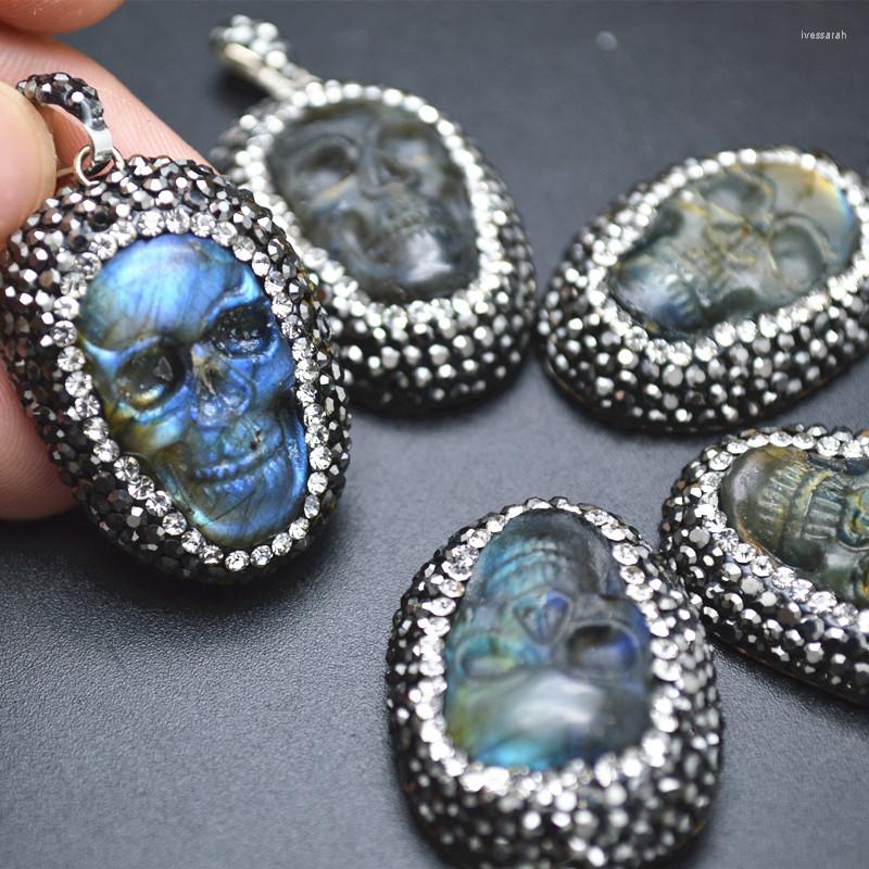 

Pendant Necklaces Natural Labradorite Carved Skull Stone Paved Crystal Beads On Side Fit Necklace Making 5PC/Lot
