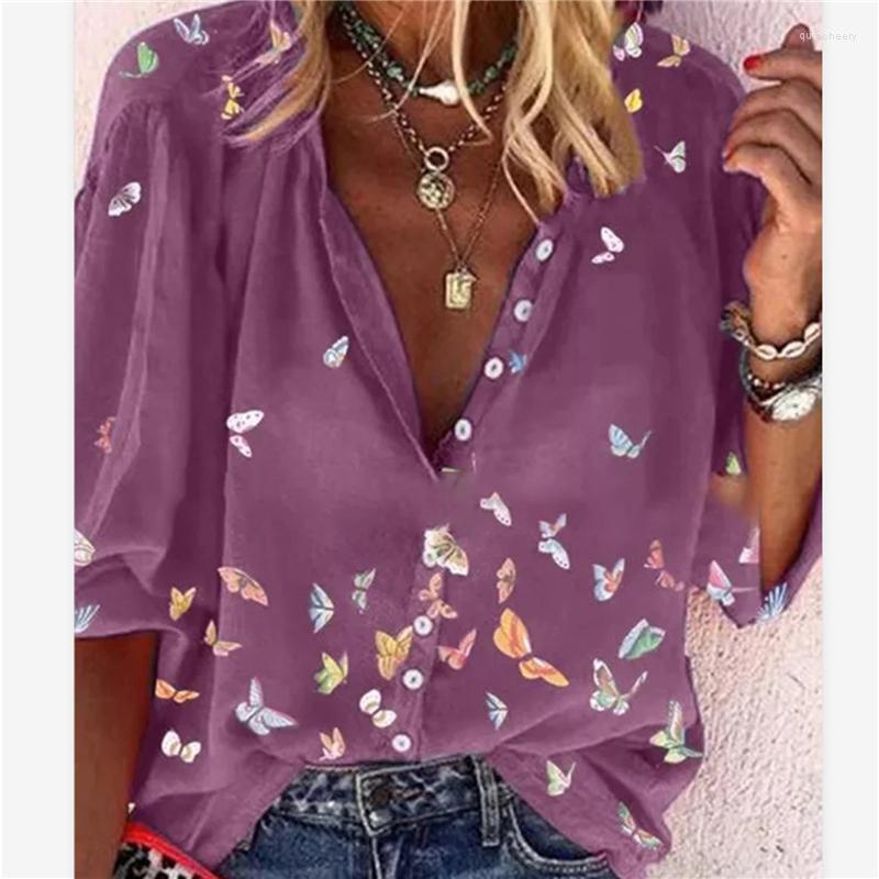 

Women's Blouses 2023 Summer Tops Women Shirts Ladies Casual V-Neck Long Sleeve Female Top Butterfly Print Buttons Shirt For, Black