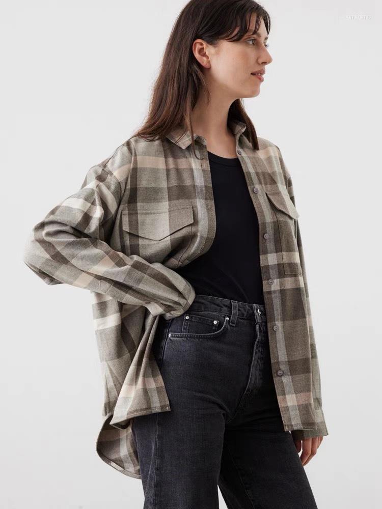 

Women' Blouses Women Shirt Double Pockets Wool Plaid, Beige grey plaid
