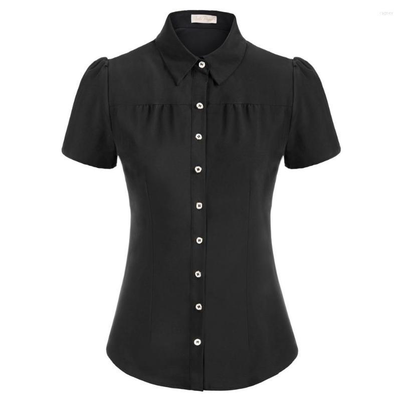 

Women's Blouses BP Women Defined Waist Shirt Short Sleeve Button Placket Curved Hem Tops Solid Slim Summer Top OL Office Lady Elegant, Light blue