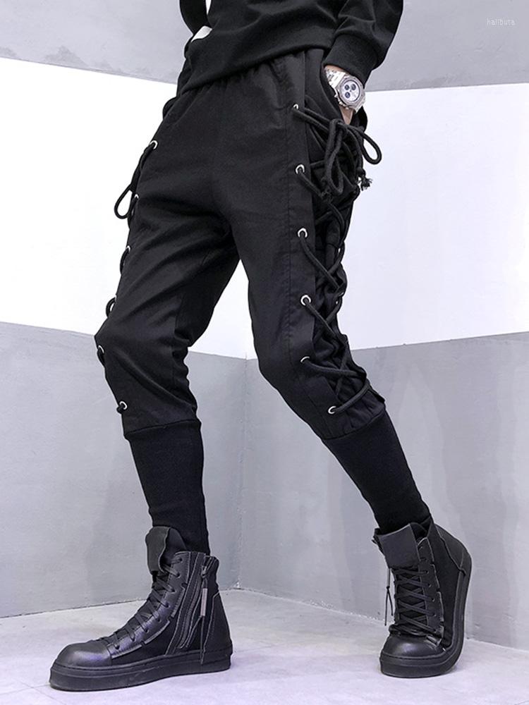 

Men' Pants Men' Male Fashion Black Original Design Personality Dark Drawstring Webbing Decoration Slim Feet Harem