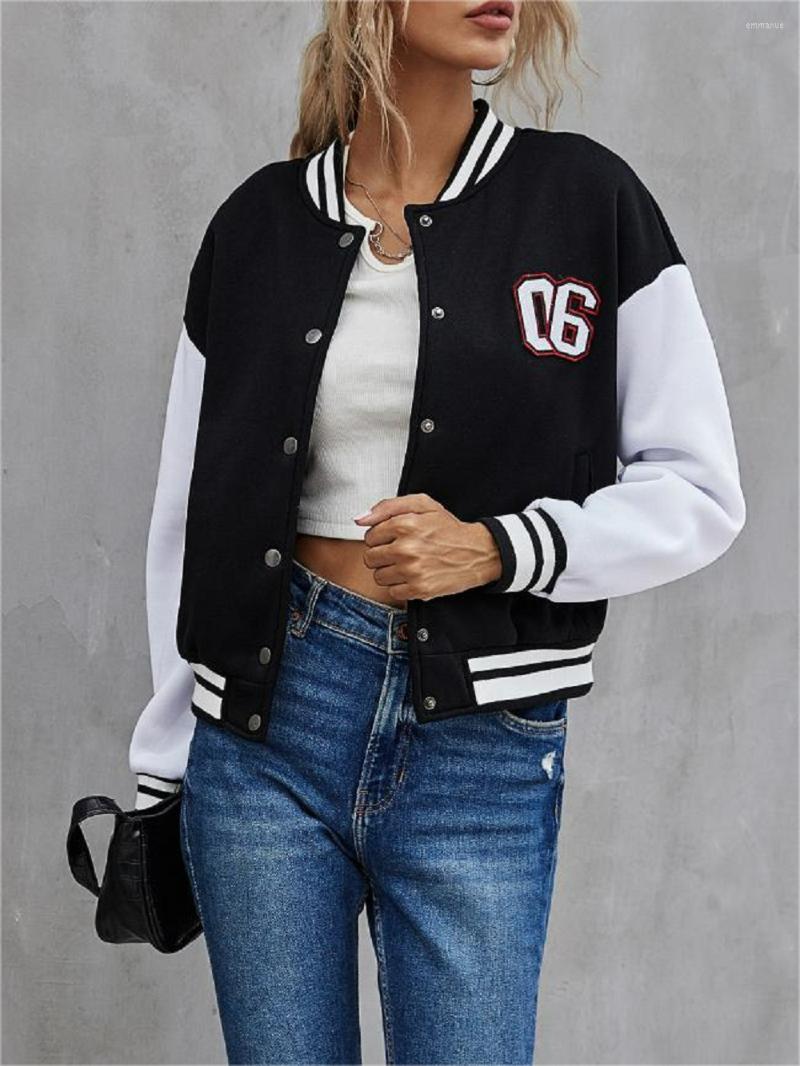 

Women's Jackets Varsity Letter Patched Colorblock Jacket Womens Coats Autumn&Winter Preppy Bomber Baseball Collar Long Sleeve Drop, Black