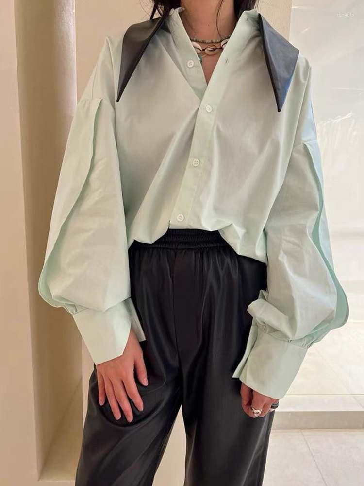 

Women' Blouses 2022 Autumn Leather Collar Patchwork Shirt Long-sleeved Tops Blouse Women, Light green
