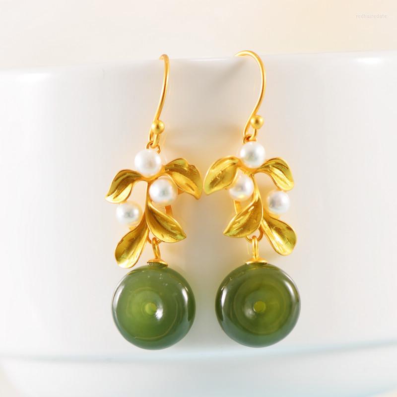 

Hoop Earrings Light Luxury Retro Pearl Hetian Jade Leaf Women's MeibaPJ Real S925 Sterling Silver Exquisite Party Gift Jewelry