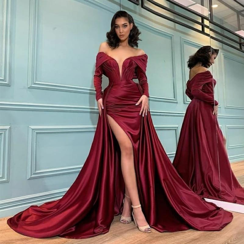 

Burgundy Mermaid Prom Dresses Long Sleeves Side Split Evening Gowns With Detachable Train Off The Shoulder Neckline Satin Special Occasion Formal Wear, Dark red