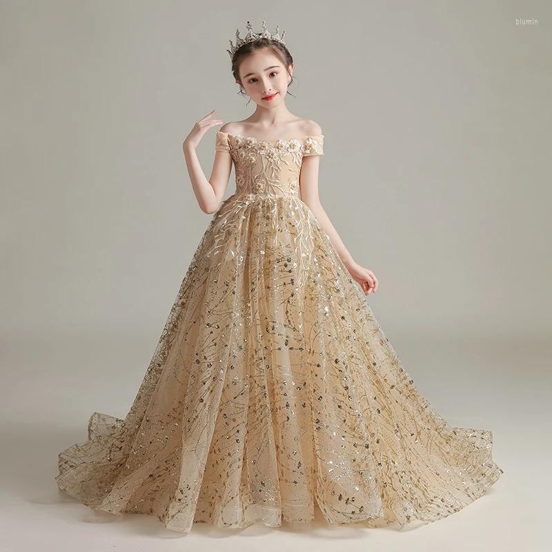 

Girl Dresses Flower For Weddings Off The Shoulder Short Sleeves Kids Party Communion Gowns Sequined Appliques Princess Dress, Champagne