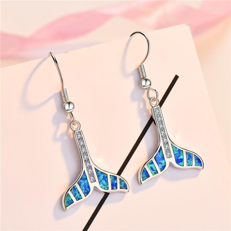 

Dangle Earrings 925 Sterling Silver Filled Cute Mermaid Tail Drop For Women Blue White Fire Opal Fashion CZ Birthstone Jewelry