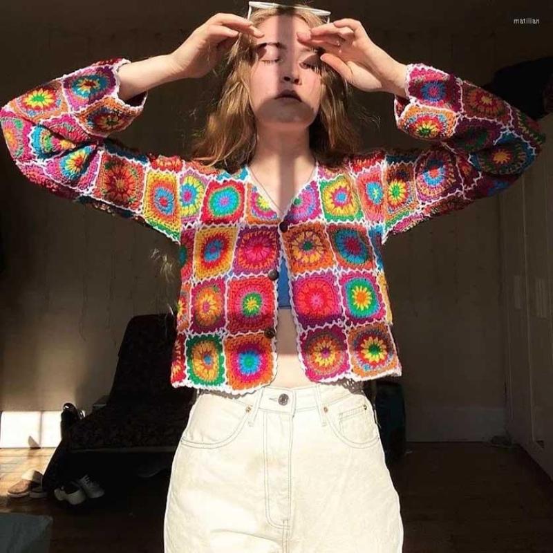 

Women's Knits Boho Inspired Button Up Cardigan Floral Crochet Slouchy Women V-neck Long Sleeve Bohemian Cropped, Gold