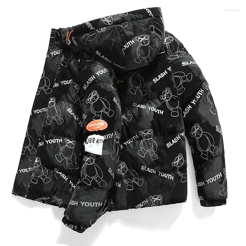 

Men's Down 2022 Winter Cotton-Padded Jacket Printed Hooded Overalls Cotton With Thick Warm Waterproof Coats Men, Black
